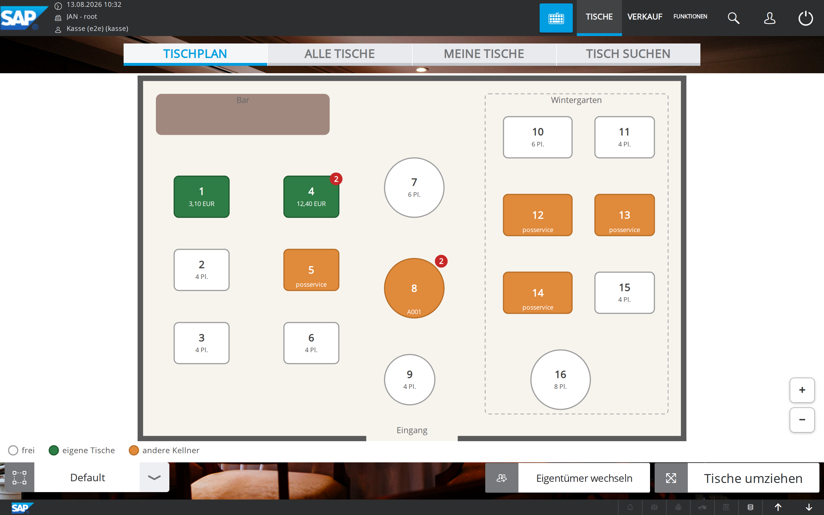 The table plan tab on the POS: tables at their real positions, your own tables green with the amount, other waiters' tables orange, a red badge on tables with several receipts